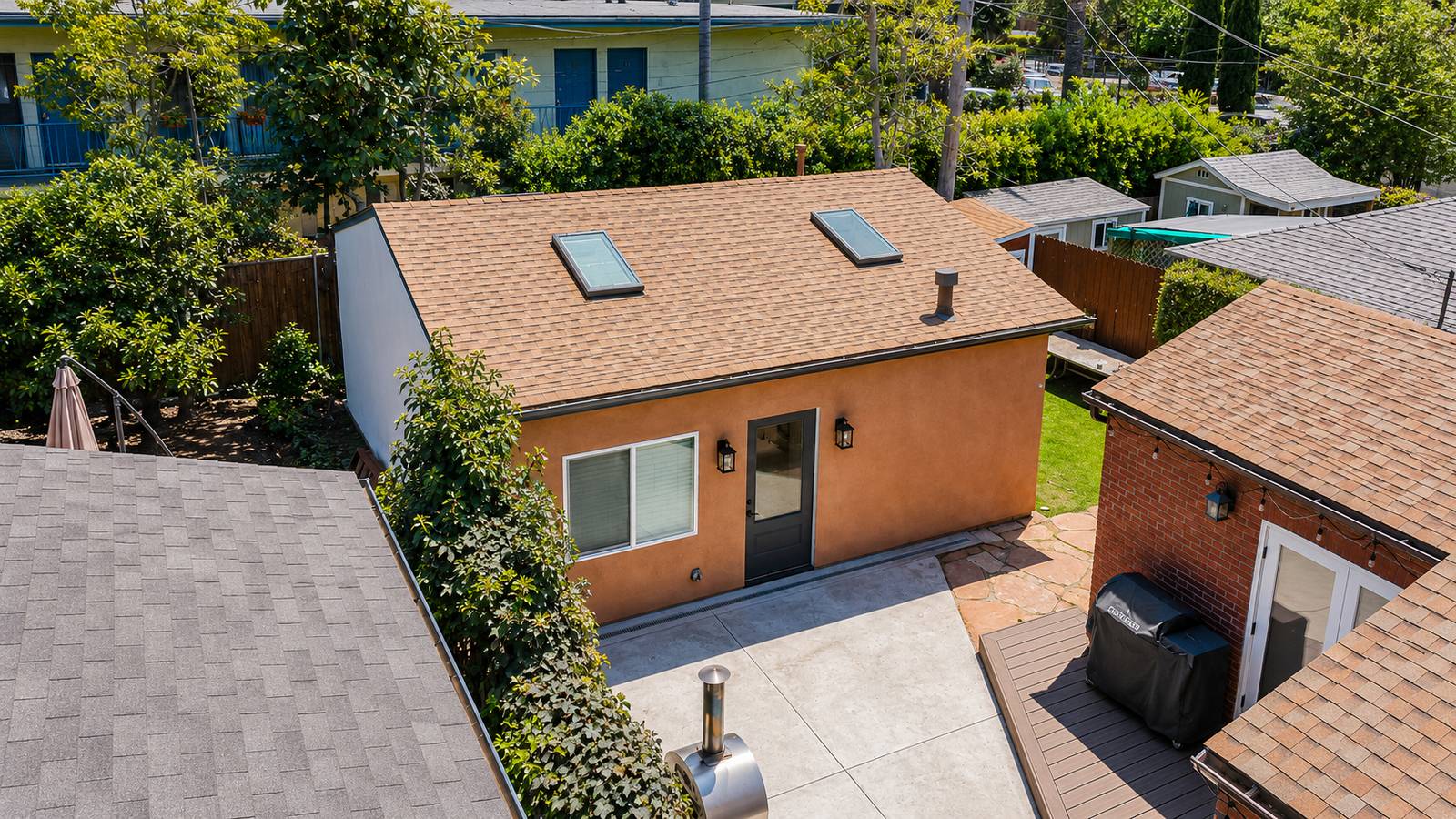 Aerial view of the finished garage conversion with skylights
