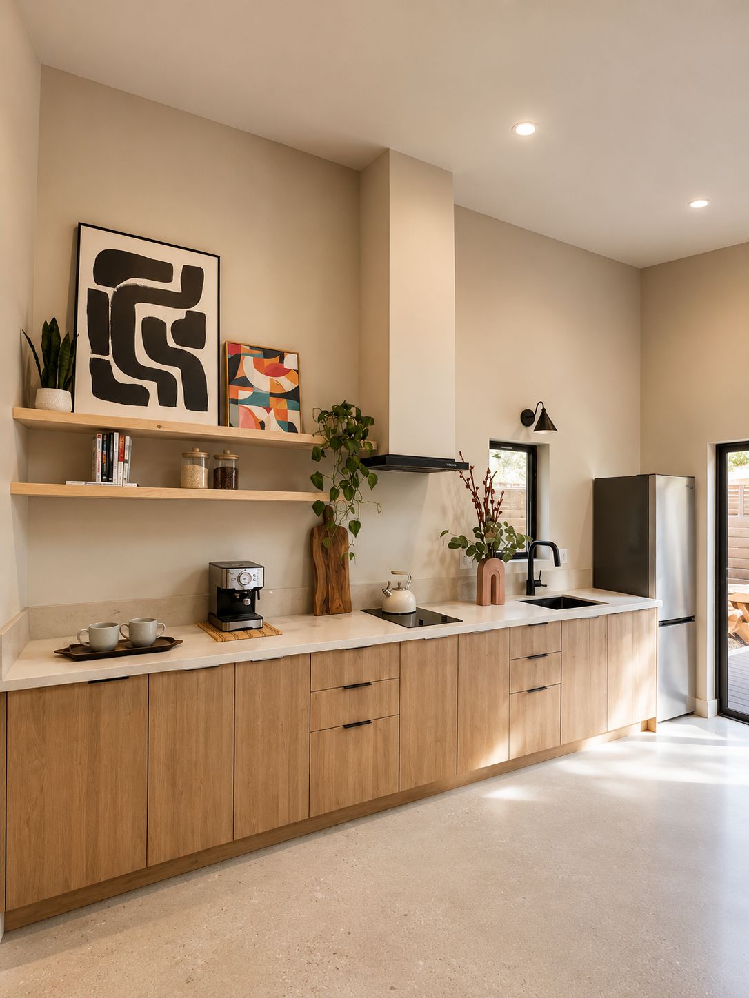 Kitchen counter detail with floating shelves and stainless fridge